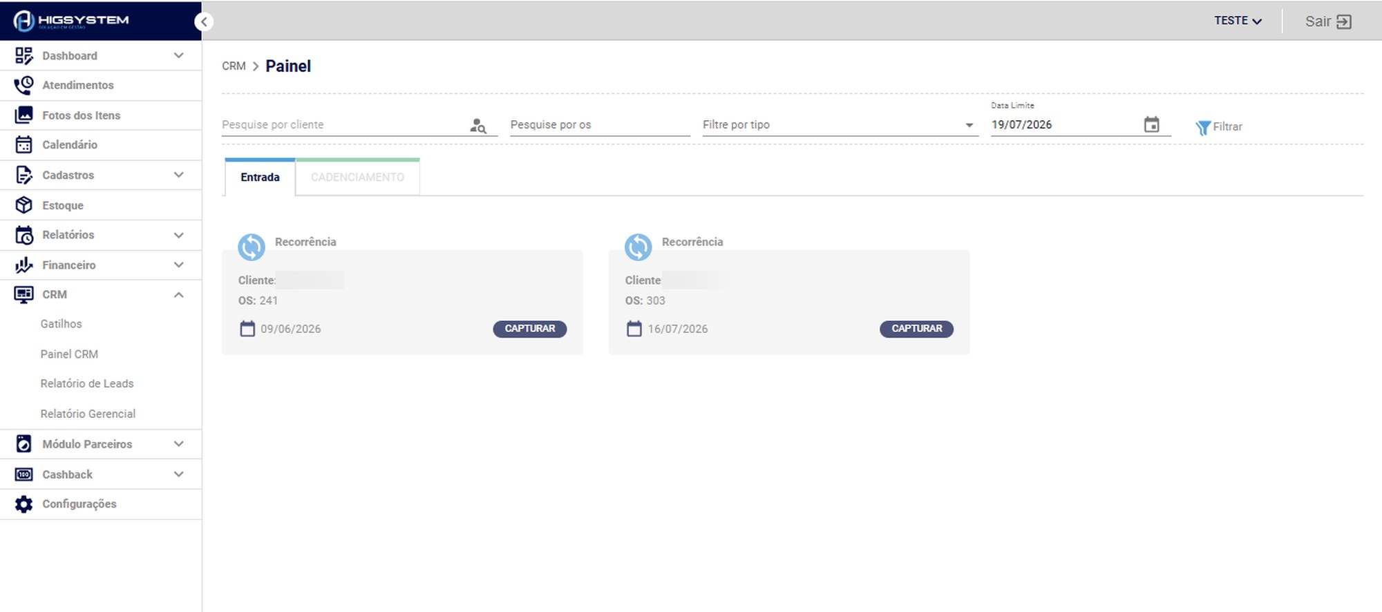 Painel de CRM do Higsystem com clientes em recorrencia prontos para serem capturados pela equipe